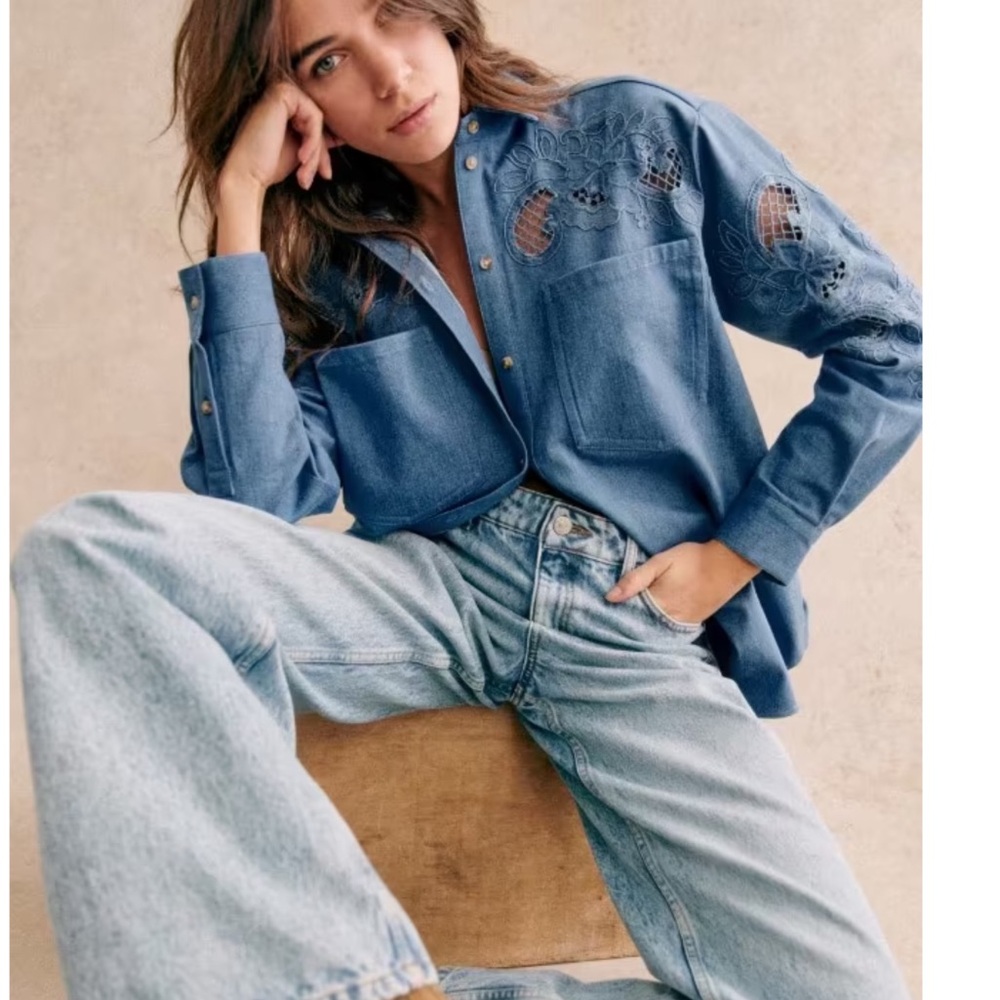 SEZANE NWT Ecru Floral Embroidered Cut Out Oversized Button Down Naora Shirt - Picture 10 of 17